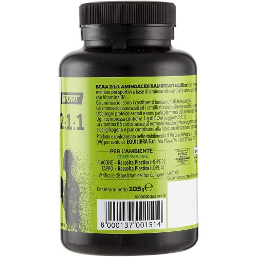 Equilibra Integratori Alimentari, Aminoacidi Ramificati, Integratore per Sportivi, a Base di Aminoacidi a Catena Ramificata (BCAA), con Vitamina B6, 100 Compresse Equilibra Integratori Alimentari, Aminoacidi Ramificati, Integratore per Sportivi, a Base di Aminoacidi a Catena Ramificata (BCAA), con Vitamina B6, 100 Compresse