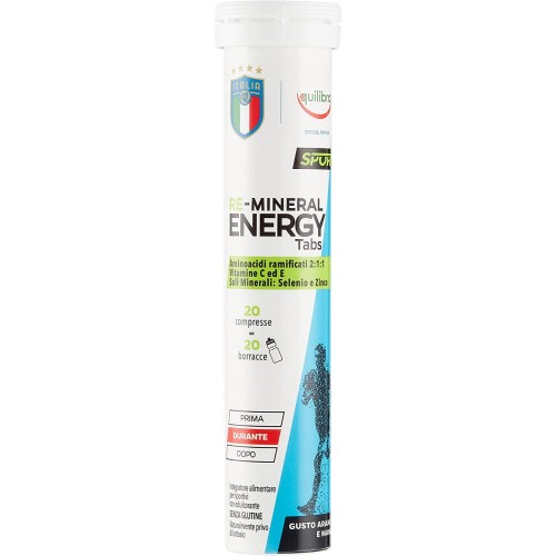 Re-Mineral Energy Tabs, Integratore per Sportivi, con Aminoacidi, Sali Minerali, Magnesio, Calcio, Zinco, Selenio, Vitamine C, E, B2 e B12, 20 Compresse Effervescenti