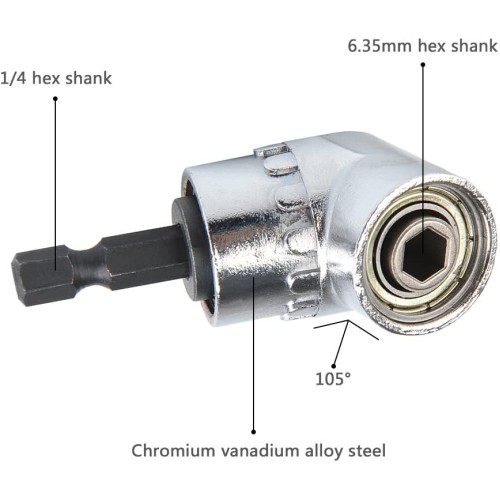 Cacciavite ad angolo retto, angolare adattatore per avvitatore, 105°, acciaio, 1/4 pollice Cacciavite ad angolo retto, angolare adattatore per avvitatore, 105°, acciaio, 1/4 pollice