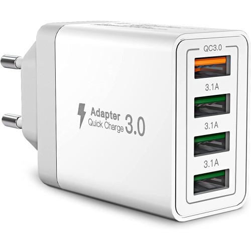 Caricabatterie USB a 4 porte USB, Carica Rapida, Quick Charger 3.0 33W 6A,  universale, bianco