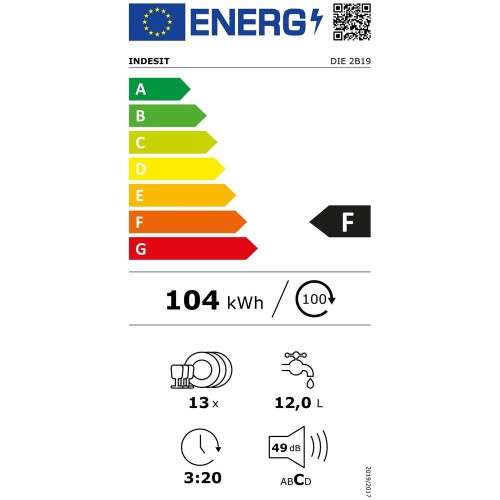 INDESIT Lavastoviglie DIE2B19 da Incasso a Scomparsa Totale Classe F Capacità 13 Coperti, 60 cm INDESIT Lavastoviglie DIE2B19 da Incasso a Scomparsa Totale Classe F Capacità 13 Coperti, 60 cm