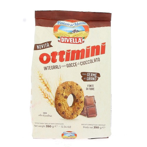 Biscotti integrali al cioccolato, con gocce di cioccolato, ottimini, 350 g, Divella