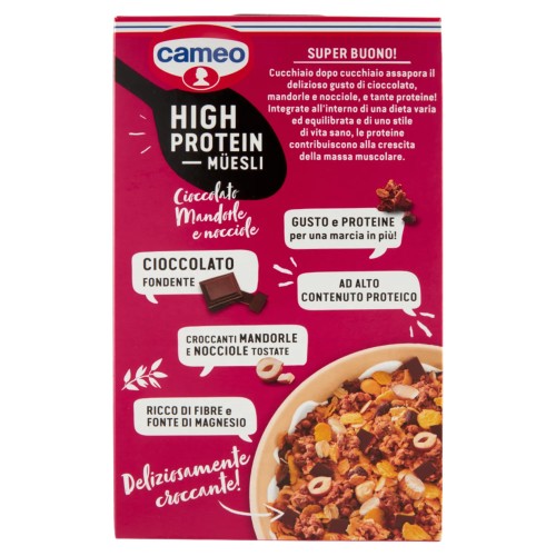 Chocolate Protein Müesli, eiweissreiches Knuspermüsli mit dunkler Schokolade, Mandeln und gerösteten Haselnüssen, Cameo
