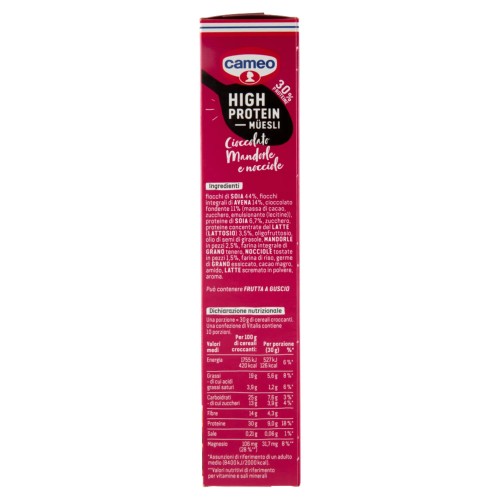 Chocolate Protein Müesli, eiweissreiches Knuspermüsli mit dunkler Schokolade, Mandeln und gerösteten Haselnüssen, Cameo