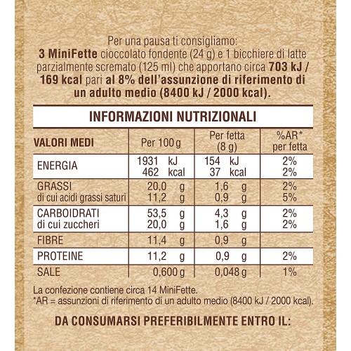 Mulino Bianco Mini Fette Integrali con Cioccolato Fondente, 110g