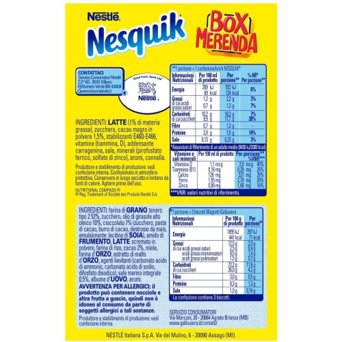 Nesquik Box Merenda, Pronto da Bere, Bevanda a Base di Latte con Cacao Magro, 3 Frollini Magretti Galbusera, 207g per confezione, pacco 20 Box Merenda