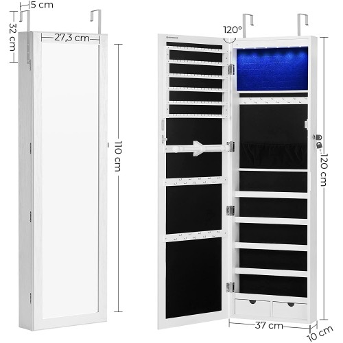 Armadio porta gioielli bigiotteria da appendere con specchio montaggio a parete 119 x 35 x 9 cm, con luci led Armadio porta gioielli bigiotteria da appendere con specchio montaggio a parete 119 x 35 x 9 cm, con luci led