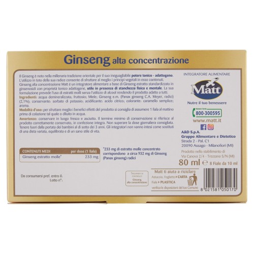Ginseng Alta Concentrazione, 8 Fiale da 10 ml, Integratori Alimentari Utili in Caso di Stanchezza Fisica e Mentale, MATT. Ginseng Alta Concentrazione, 8 Fiale da 10 ml, Integratori Alimentari Utili in Caso di Stanchezza Fisica e Mentale, MATT.