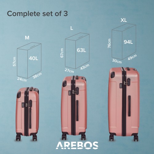 Set di 3 valigie da viaggio Oro rosa, AREBOS Set di 3 valigie da viaggio Oro rosa, AREBOS