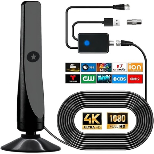 Antenna TV digitale, potente antenna HDTV interna esterna con amplificatore, ricezione 360° di 50 miglia antenna TV, supporta 4K 1080P, TV DVB-T2 VHF UHF, cavo coassiale 5M