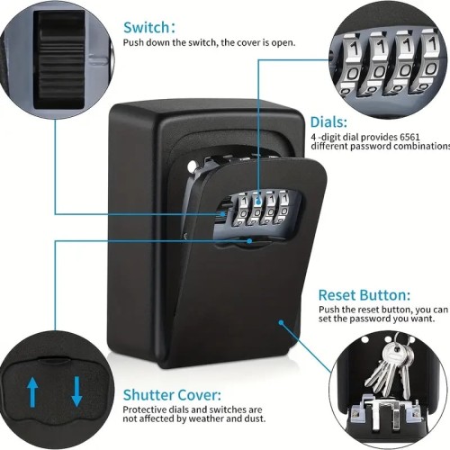 Cassa forte per chiavi, per esterno in metallo, con combinazione codice, ideale per depositare chiavi, materiale in metallo, colore nero Cassa forte per chiavi, per esterno in metallo, con combinazione codice, ideale per depositare chiavi, materiale in metallo, colore nero