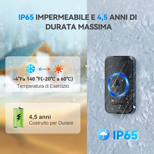 Campanello Senza Fili, Wireless, 60 Suonerie, Indicatori LED, 400 metri, Operativo a grande Distanza, 5 Volumi Selezionabili Campanello Senza Fili, Wireless, 60 Suonerie, Indicatori LED, 400 metri, Operativo a grande Distanza, 5 Volumi Selezionabili