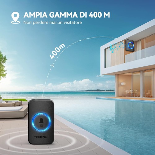 Campanello Senza Fili, Wireless, 60 Suonerie, Indicatori LED, 400 metri, Operativo a grande Distanza, 5 Volumi Selezionabili Campanello Senza Fili, Wireless, 60 Suonerie, Indicatori LED, 400 metri, Operativo a grande Distanza, 5 Volumi Selezionabili