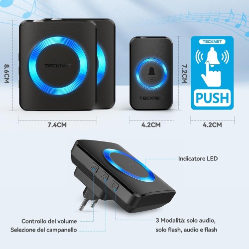 Campanello Senza Fili, Wireless, 60 Suonerie, Indicatori LED, 400 metri, Operativo a grande Distanza, 5 Volumi Selezionabili Campanello Senza Fili, Wireless, 60 Suonerie, Indicatori LED, 400 metri, Operativo a grande Distanza, 5 Volumi Selezionabili