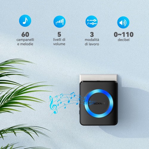 Campanello Senza Fili, Wireless, 60 Suonerie, Indicatori LED, 400 metri, Operativo a grande Distanza, 5 Volumi Selezionabili Campanello Senza Fili, Wireless, 60 Suonerie, Indicatori LED, 400 metri, Operativo a grande Distanza, 5 Volumi Selezionabili